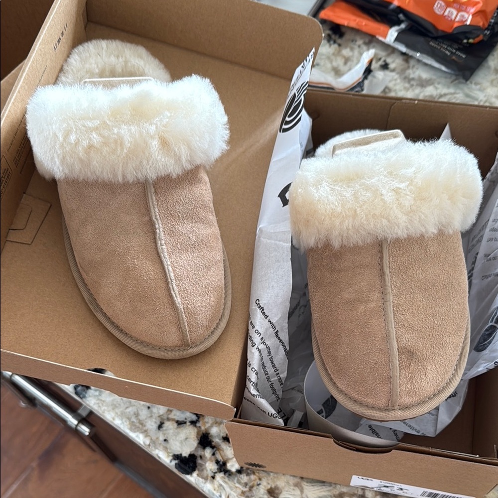 UGG Tan and Cream Shearling Slippers